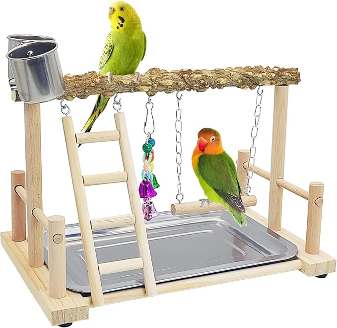 kathson Parrots Playground Bird Perch Wood Playstand Stand with Ladder Swing Feeder Cups Chew Toy for Parakeet Conure Cockatiel Budgie Lovebird Finch Small Birds