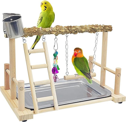 kathson Parrots Playground Bird Perch Wood Playstand Stand with Ladder Swing Feeder Cups Chew Toy for Parakeet Conure Cockatiel Budgie Lovebird Finch Small Birds