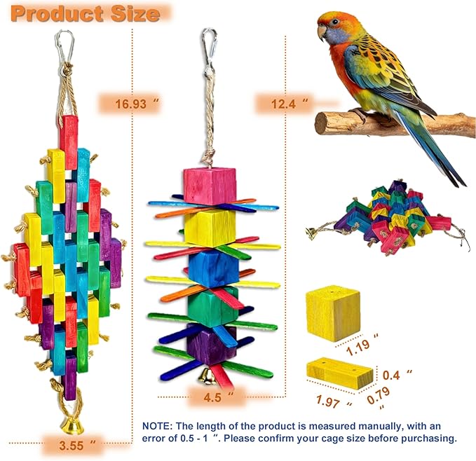 2Pcs Parrot Toys - Natural Wooden Blocks Bird Chewing Toys, Colorful Bird Cage Accessories for Parakeets Cockatiels Lovebirds Conures
