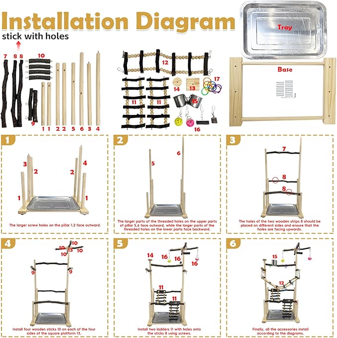 kathson Large Bird Playground - Natural Wood Perch Gym 4 Layers Parrot Playstand Activity Center with Perches Ladder Chew Toys Removable Tray and 2 Stainless Steel Cups for Small and Middle Birds