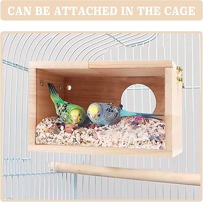 Parakeet Nesting Box with Perch, Small Bird Breeding Box with Transparent Window, Natural Wood Bird House for Cage for Parrot Cockatiel Lovebirds Budgie Finch Parrotlets Canary, Medium (5.9*5.9*11.6")