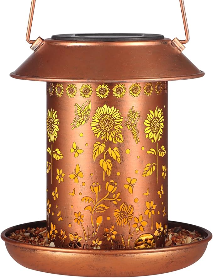 Solar Bird Feeder for Outdoors Hanging,Solar Lanterns Outdoor Waterproof Hanging Garden Decor,Metal Wild Bird Feeders Decoration Outside Birthday Gifts for Women and Mom(Sunflower)…