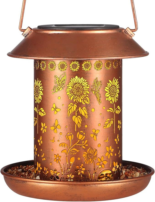 Solar Bird Feeder for Outdoors Hanging,Solar Lanterns Outdoor Waterproof Hanging Garden Decor,Metal Wild Bird Feeders Decoration Outside Birthday Gifts for Women and Mom(Sunflower)…