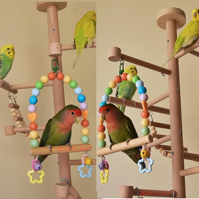 Bird Swing for Small Birds, Parakeets Cage Wooden Perch Birdcage Stands, Parrot Colorful Acrylic Beads Swings Toy with Bell Playground Gym Accessories Training Toys for Lovebirds Budgies