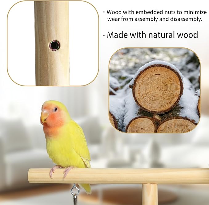Bird Playground, Natural Wood Bird Play Stand with Stand Perch, Two Toys, Two Food Cups, and Removable Tray, Suitable for Lovebirds, Cockatiels, Budgies, Parakeets, and Other Small Birds