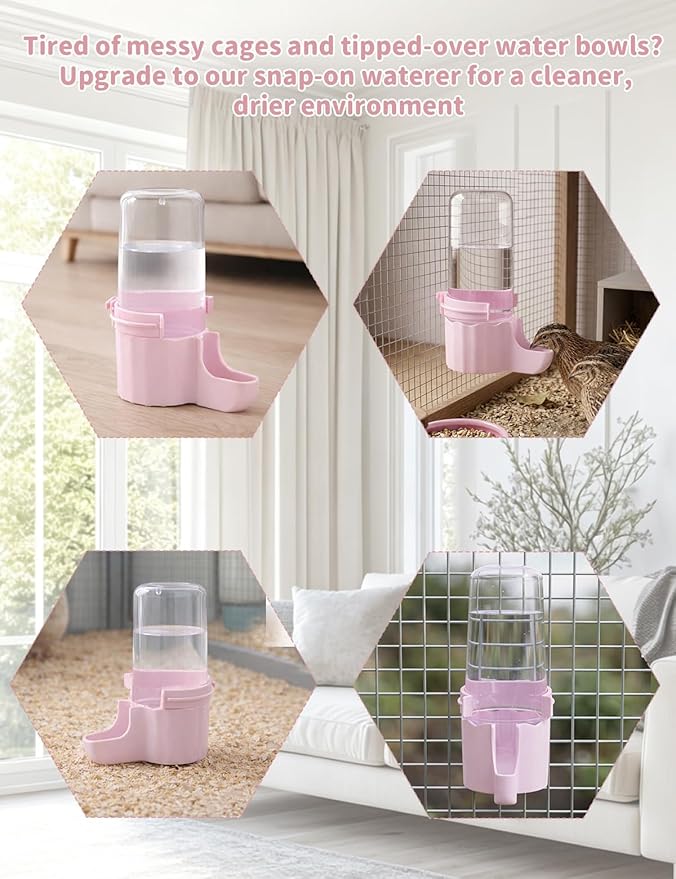 Quail Chick Waterer with Anti-Drowning Shallow Tray, 16.6 fl oz Automatic Gravity Button Quail Waterer, Hanging or Free-Standing Bird Water Dispenser for Wire Mesh Cages and Brooders (Pink)
