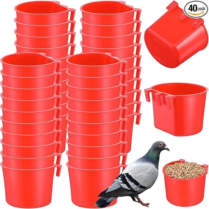 40 Pcs Cage Cups Birds Feeders – Hanging Chicken Feeders & Waterers, Bird Water Dispenser, 8 oz Plastic Food/Water Bowl for Parrot, Pigeons, Quail, Gamefowl, Bunny, and Small Pets (Red)