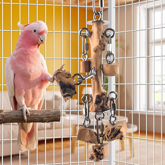 DBNESS Bird Toys for Parrot, Durable Stainless Steel Large Birds Chew Toy, Hanging Detachable Natural Hardwood Blocks for Medim to Large Eclectus, African Greys, Amazon Parrot, Cockatoo