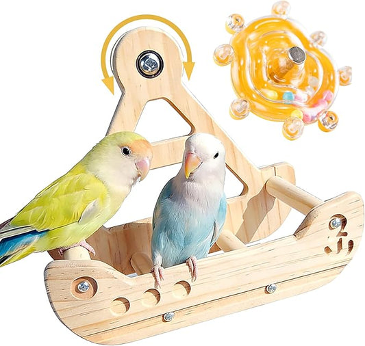 2 in 1 Interactive Bird Toys,Nature Wooden Swing Parrot Toys with Spinner Rattle Bell, Cockatiel Toy Bird Cage Accessories for Parakeets, Cockatiels & Conures etc (Free Size, Boat Style)