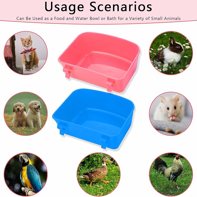 4 PCS Cage Cups Rabbit Feeder Waterer, Chicken Birds Feeders Hanging, Food and Water Container for Pet, Bath Water Bowl Universal for Birds Hamsters Rats Rabbit Guinea Pig Small Pets (Blue, Pink)