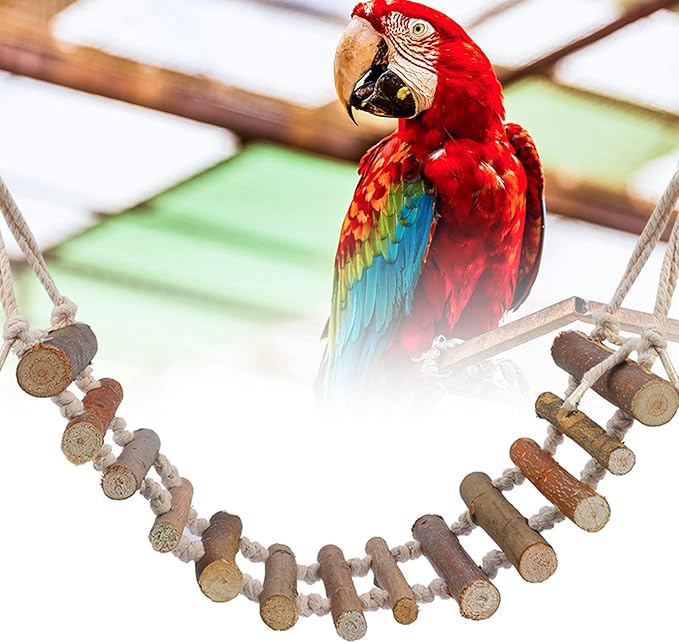Bird Cage Ladder, 24 x 3.9in Bird Bridge, Wooden Rope Ladder Bird Toy with Metal Hooks for Budgie, Lovebirds, Cockatoo and Other Small Sized Animals