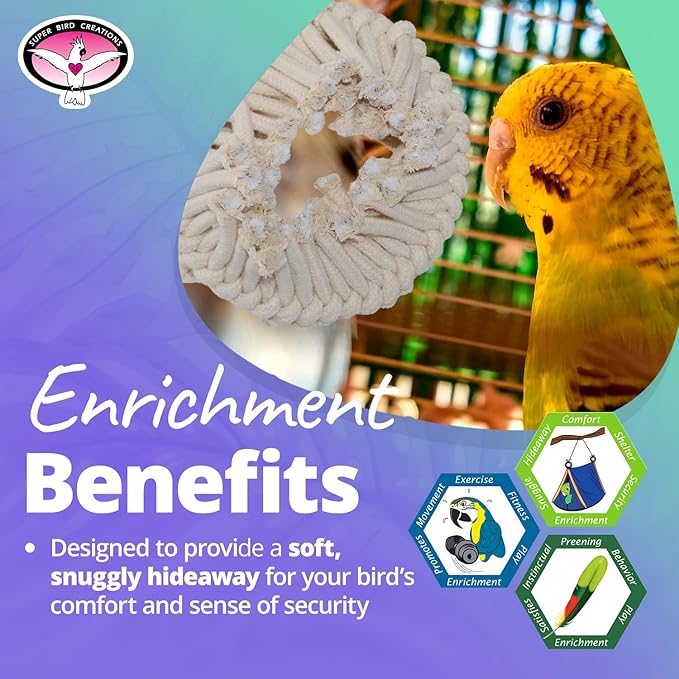 Super Bird Creations SB130 Snuggle Ring Bird Toy - Comforting Cotton Rope Hideaway - Durable Steel Ring, Safe Cage Attachment - Ideal for Cockatiels, Parrots - Small/Medium Birds - 9" x 7" x 3"