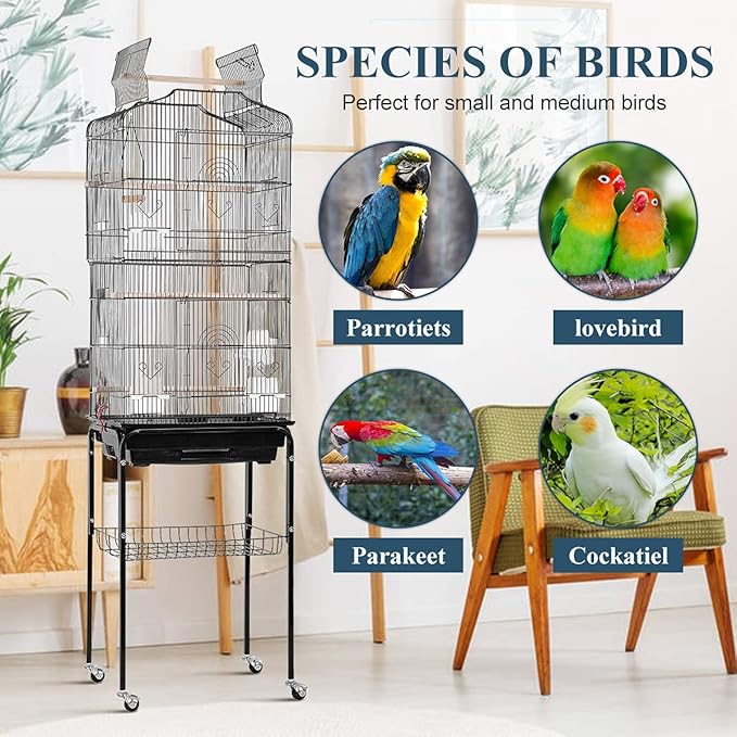 Dkeli Bird Cage, 64 in Open Top Parakeet Cage with Rolling Stand for Medium Small Cockatiel Macaw Conure Lovebird Canary Bird Wrought Iron Flight Pet House with Storage Shelf, Black