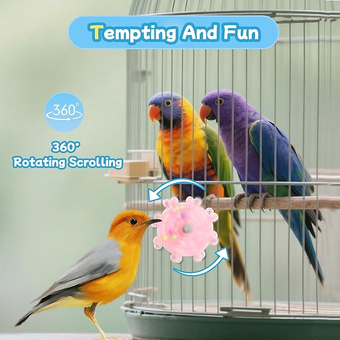 2 Colors Bird Toys for Parrots, Small Bird Cage Toys with Spinning Rattle, Hanging Roller Parakeet Cage Accessories for Chewing Exercise, Budgie Entertainment (Pink and Blue)
