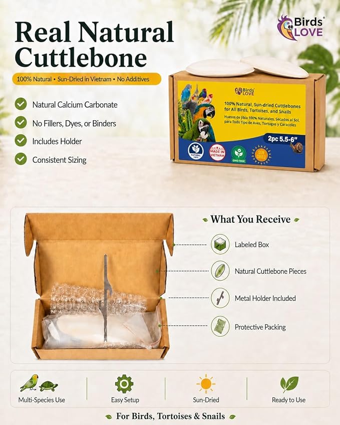Birds LOVE 5.5-6″ Cuttlebone for Birds – 100% Natural Sun-Dried Calcium & Beak Conditioning Supplement for Parakeets, Budgies, Cockatiels, Finches & Canaries – 2 Pack with Holder – Made in Vietnam
