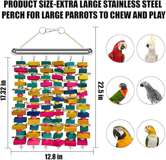 Large Bird Toys for Macaws, Stainless Steel Multicolored Wooden Blocks Bird Chewing Toy Parrot Cage Bite Toy for Macaws Cokatoos African Grey and Large Medium Parrot Birds