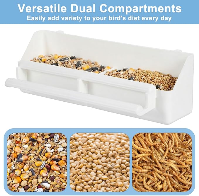 Grevosea Bird Feeder for Cage, 2 Pack No Mess Bird Feeders Plastic Hanging Parakeet Feeder with Hooks for Small Parrots Budgerigar Cockatiel Canary Parakeet Cage Accessories (White)