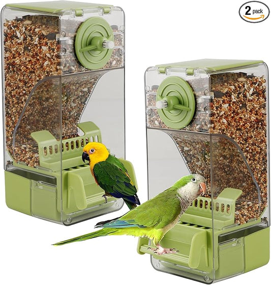 Bird Feeder No Mess 2PCS Automatic Clear Bird Seed Food Container Acrylic Parrot Feeder Dispenser Cage Accessories for Parakeet Budgies Cockatoo Canary Love Bird (Green)