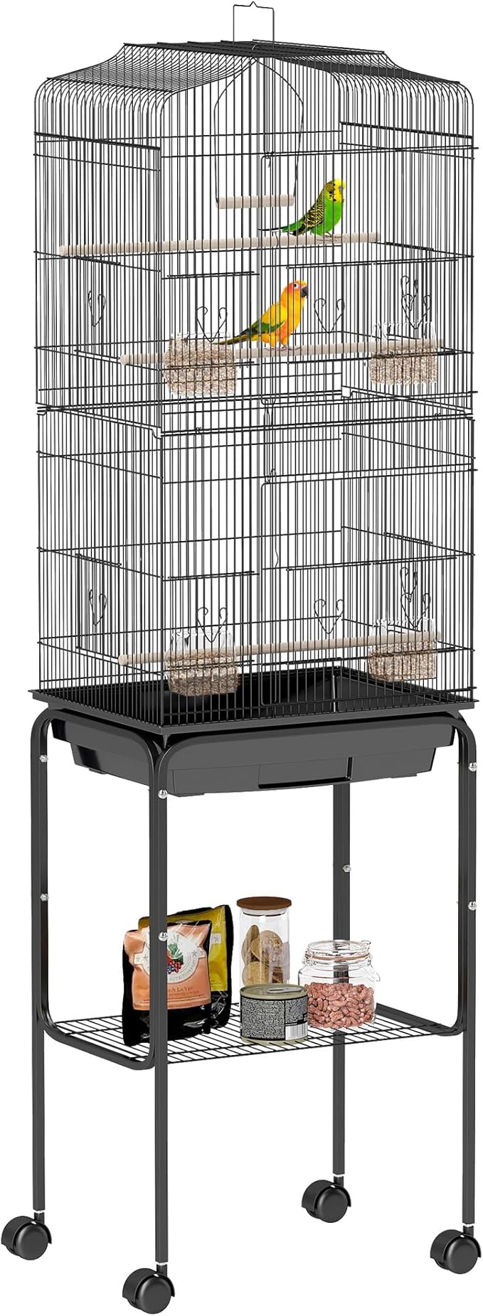PawHut 60" Metal Indoor Bird Cage Starter Kit with Detachable Rolling Stand, Storage Basket, and Accessories, Black