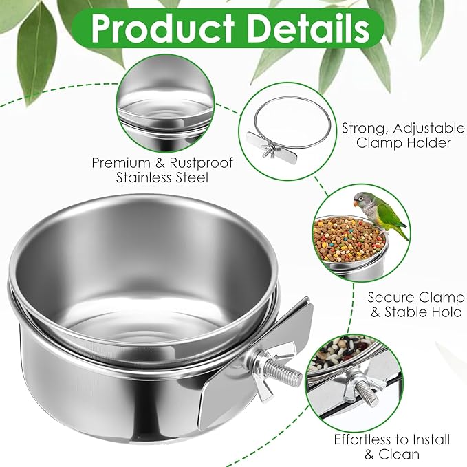 10 Pack Stainless Steel Bird Food Bowls with Clamp Holder, Parrot Feeding Dish Cups for Cage, Rustproof Bird Water Feeders for Cockatiel Conure Budgie Parakeet Macaw Lovebird Small Animals