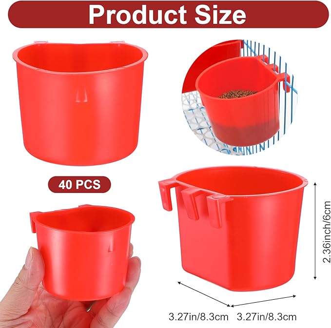 40 Pcs Cage Cups Birds Feeders – Hanging Chicken Feeders & Waterers, Bird Water Dispenser, 8 oz Plastic Food/Water Bowl for Parrot, Pigeons, Quail, Gamefowl, Bunny, and Small Pets (Red)