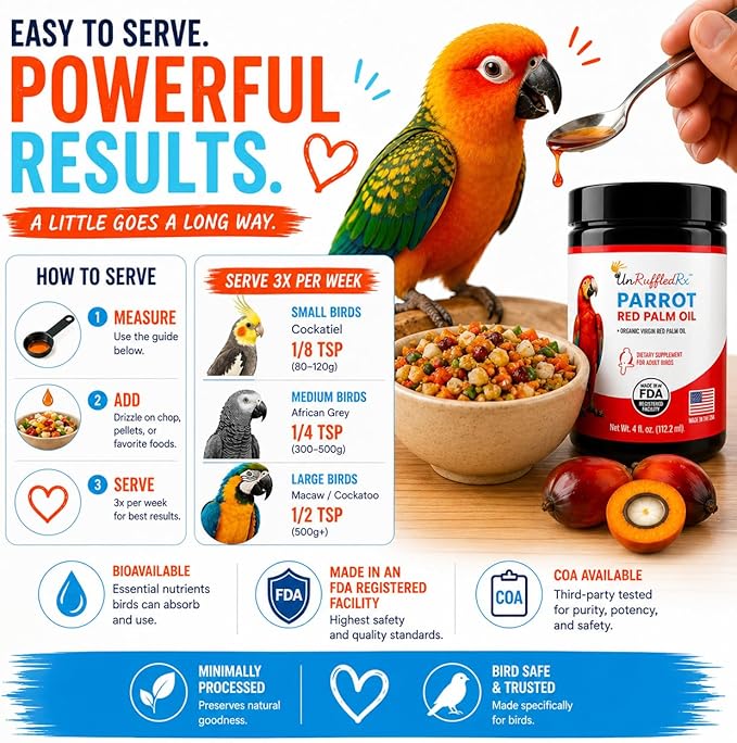 UnRuffledRx™ Red Palm Oil for Birds & Parrots - Provides Nutritional Support - Ethically Produced Organic Red Palm Oil to Support Feather & Skin Health