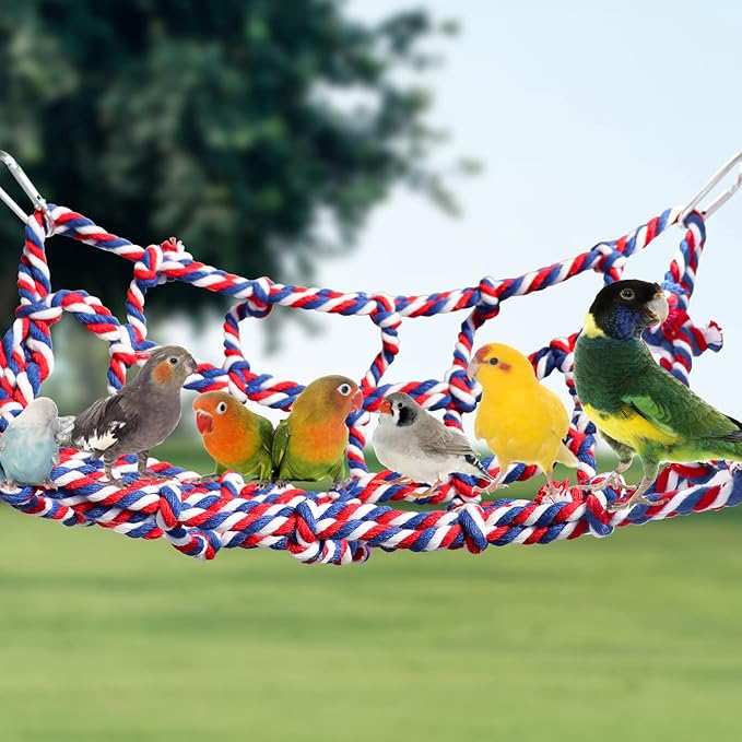 2 Pack Colorful Bird Rope Net, Pet Hanging Hammock, Rat Climbing Ladder Bridge Toys, Cage Decor Accessories for Small Animals Parakeets Cockatiels Hamster Ferret Lovebirds Guinea Pig- 11 × 8 inch
