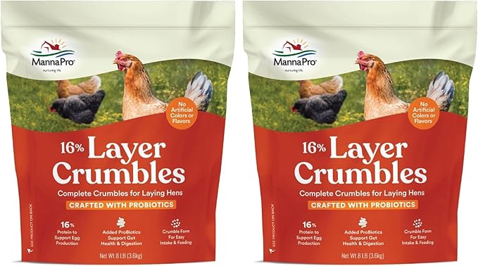 Manna Pro Chicken Feed, 16% Protein Layer Crumbles with Probiotics- Digestive Health, Complete Feed for Laying Hens to Support Egg Production, Nutrient-Rich Chicken Food, Made in USA, 8 lb(Pack of 2)