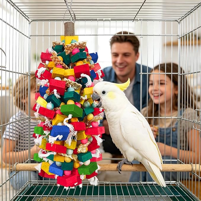 Extra Large Bird Toys for Macaws Cockatoos Amazons Chew - Natural Wood Parrot Chewing Toy with Foraging, Bird Cage Activity Center