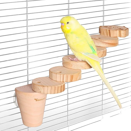 Natural Wood Bird Ladder Perch Toy - Chewable Safe Parrot Climbing Toy for Cockatiel, Finch & Other Small to Medium Birds, Bird Cage Accessories with Easy Screw Installation (Cartoon Parrot Pattern)