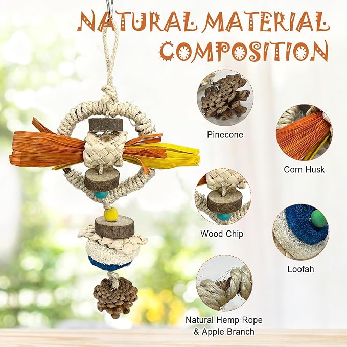 Parakeet Toys, Natural Hanging Bird Chewing & Foraging Toy with Corn Foliage and Seagrass, Beak-Safe Chewer for Conures, Cockatiels, Senegal Parrot and Small to Moderate-Sized Birds