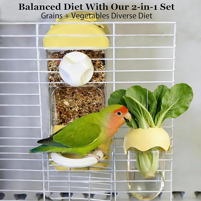 Automatic Bird Cage Feeder No Mess Bird Feeding Station Parrot Vegetable Holder Fruit Clips for Parakeet Cockatoo Canary Lovebirds Budgie (Yellow)