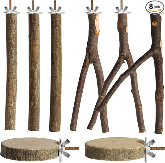 8 Pack 9 Inch Natural Wood Bird Perches, Parrot Perch Stand Bird Cage Accessories for Budgerigar Cockatiels, Conures, Lovebirds (L)