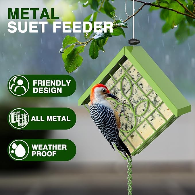 FlowaFoli Suet Bird Feeder for Outside, Metal Suet Feeder for Outside Hanging, Single Suet Cake Capacity, Fruit and Suet Feeder Style for Outside Hanging(Green)