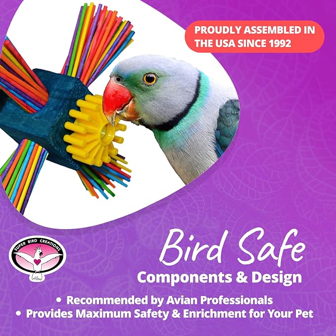 Super Bird Creations SB963 Twirl N' Whirl Bird Toy - Handcrafted Wooden Bird Stuff with Lollipop Sticks & Spinning Block - Relieves Boredom Peeling & Chewing for Parrots, Medium Sized Birds - 6.5"x4"