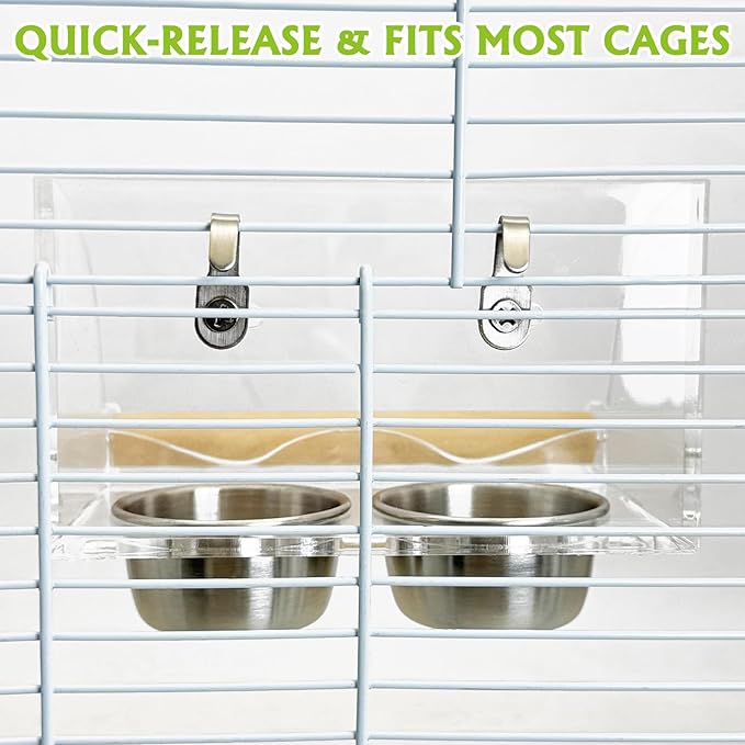BNOSDM Bird Feeder for Cage with Double Stainless Steel Food & Water Bowls Anti-Slip Wood Perch Stand with No Mess Acrylic Seed Catcher for Parrot, Budgie, Parakeet, Lovebird, Canary, Finch (Hook)
