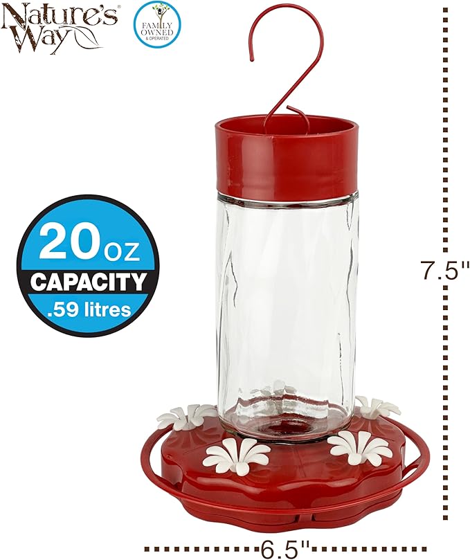 Nature's Way Hanging Glass Hummingbird Feeder for Outdoor Décor, 20 Ounce Capacity Nectar Feeder, Ant Moat, 5 Easy to Clean Flexible Ports, Red