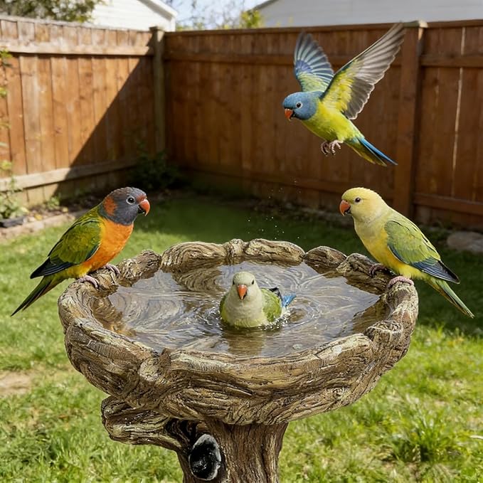 SKYFIRE Bird Baths for Outdoor - 23" Tall Pedestal Birdbath with Bird, Fibre Reinforced Concrete with Woodland Tree Trunk Décor, Modern and Durable,Bird Bath for Outside, Garden, Patio, Lawn, Backyard
