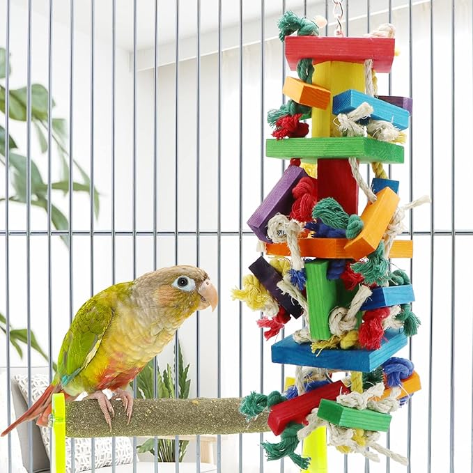 Wontee Bird Toys Parrot Chewing Wood Blocks Tearing Toys for Parakeet Cockatiel Sun Conure African Grey Indian Ringnecks Small and Medium Sized Birds (Large)