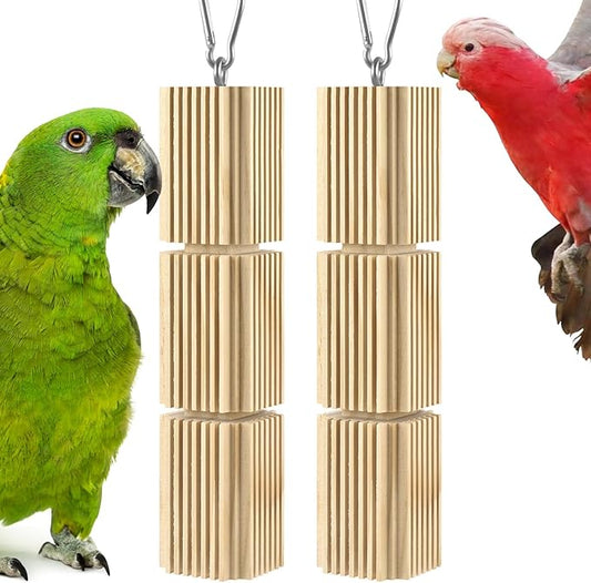 DBNESS 2 PCS Bird Chew Toys, Natural Hanging Parrot Foraging Beak Grinding Wood Chewing Blocks for Medium Quaker Caique Conure Cockatiel African Grey Birds Cage Accessories Similar Sized Pet Birds