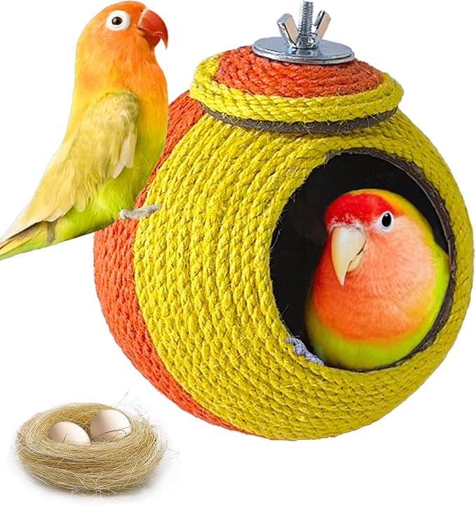 Bird Nest,Parrot Breeding House,Parakeet Natural Coconut Shell Hut,Hanging Budgie Nesting House with Coconut Fiber,Cockatiel Bed for Conure Lovebird Finch Birds,Orange&Yellow