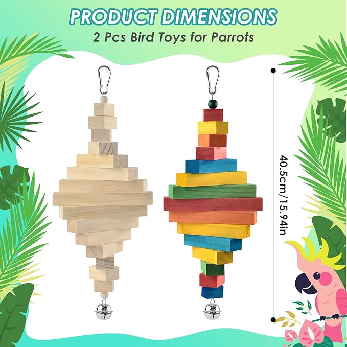 DBNESS 2 Pcs Bird Toys, 15.94in Large Parrot Foraging Toys for Beak Grinding, Wooden Block Bird Chewing Toys for Macaws Eclectus Cockatoo African Greys Amazon Parrots