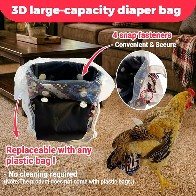 Reusable 3D Chicken Diapers for Indoor Chickens – Leak-Proof 3D Pouch with Replaceable Bag, Adjustable Straps & Cross-Back Design, Fit for Hens and Roosters(Plastic Bags not Included)-Widened