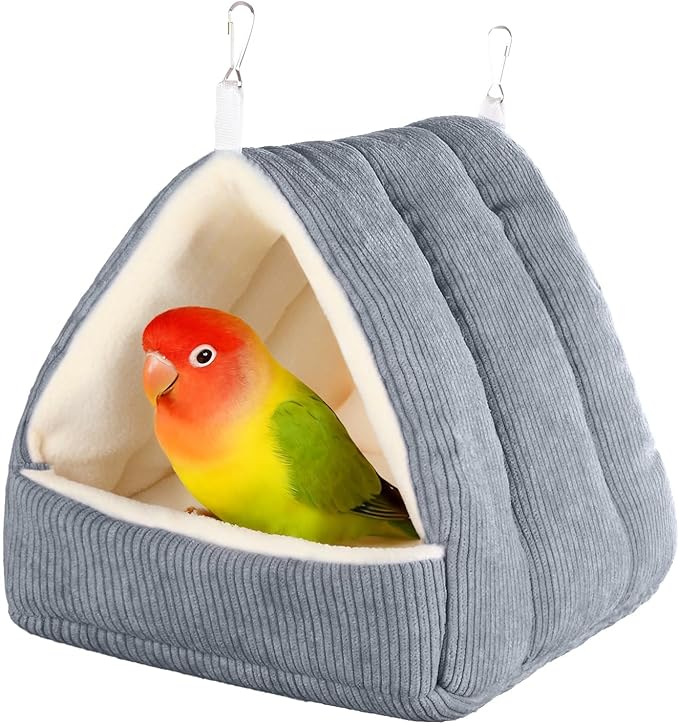 Medium Winter Warm Bird House and Bird Bed for Cage with Soft Plush Hanging Hammock & Hut Tent, Hideaway Sleeping Nest for Budgies, Parakeets, Cockatiels (Grey, M)
