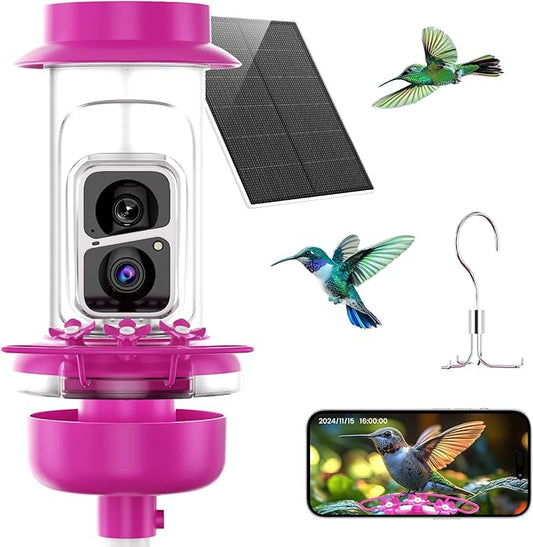 Soliom Hummingbird Feeder with Camera, Smart Feeder Camera with 2K Live View AI Identify, Leak Proof&Ant Moat&Bee Proof, Outdoor Pole/Hook Hanging, Ideal Gift for Family, 16 OZ with Solar Panel Pink