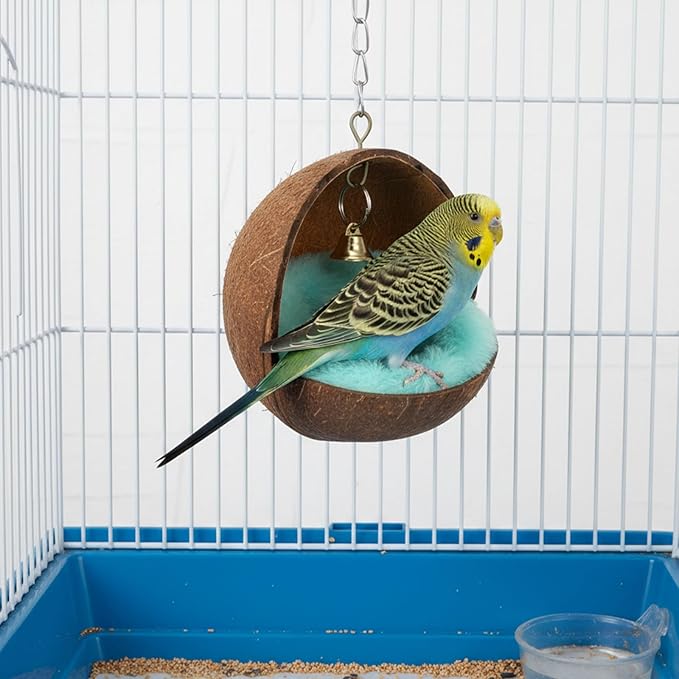 Natural Coconut Shell Bird Nest House, Anti-Pecking Bite with Warm Pad and Bell, Hanging Budgie Tent Beds with 8 Accessories for Bird Parrot Budgie Parakeet Cockatiel Conure Lovebird
