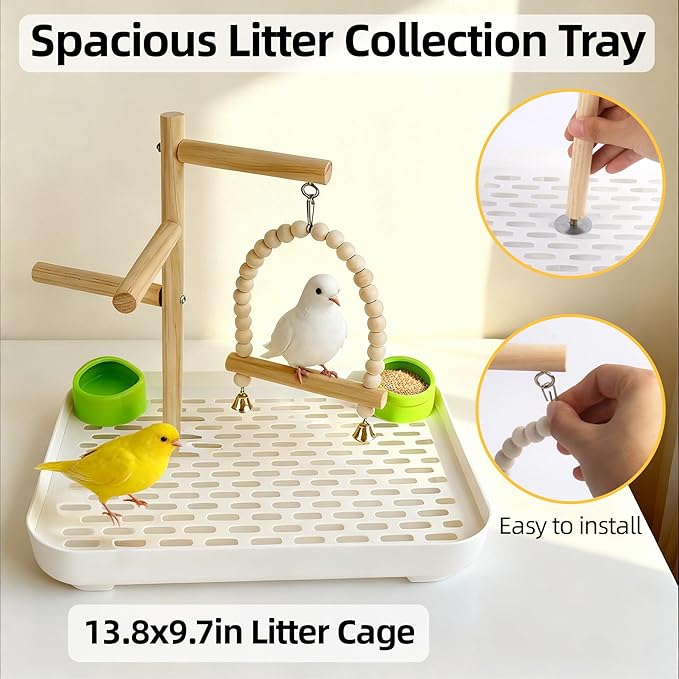 4 In 1 Bird Playground Stan with Large Tray, Food Bowl, Wooden Bird Play Stand and Swing, Play Gym & Accessories for Parrots Cockatiels Conures Parakeets Lovebirds