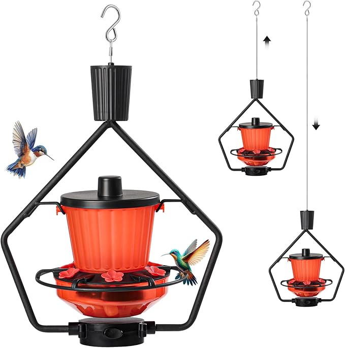 WROSWT Retractable Hummingbird Feeder, 19oz Top-Fill Wide Mouth with Height Adjustment, UV-Resistant ASA Plastic, 100% Leak-Proof Base& Dishwasher Safe Feeders for Outdoor Hanging, Black