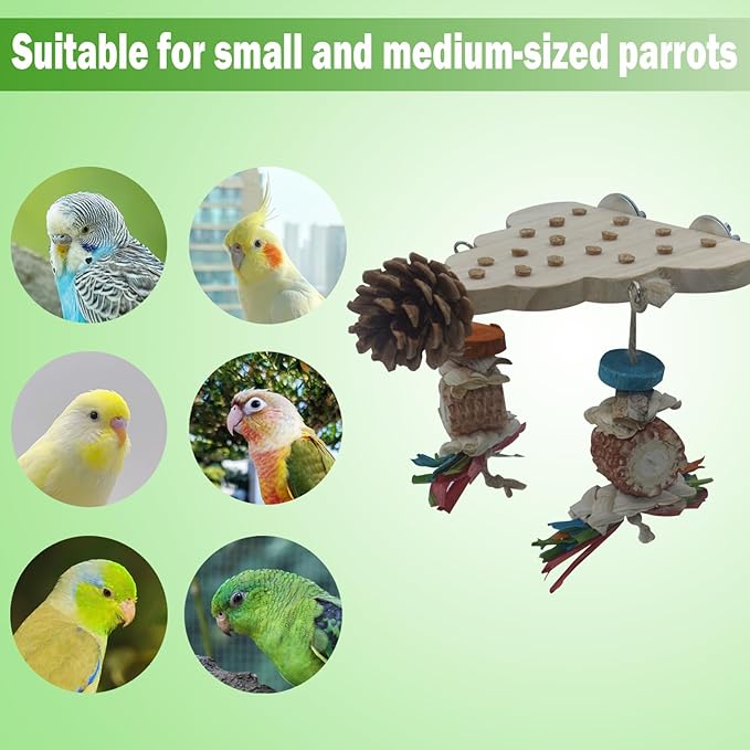 Parrot Toys, Parrot Wooden Toys Long Tailed Bird Toys with Pure Natural Corn Sticks and Pure Natural Pine Cones, Fun Bird Cage Accessories