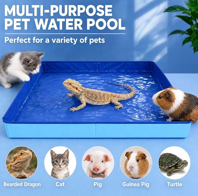 Large Foldable Reptile Bath Tub, Square Bearded Dragon Bath and Bathtub for Bathing and Soaking, Portable Pet Pool for Bearded Dragons, Turtles, Lizards and Small Animals